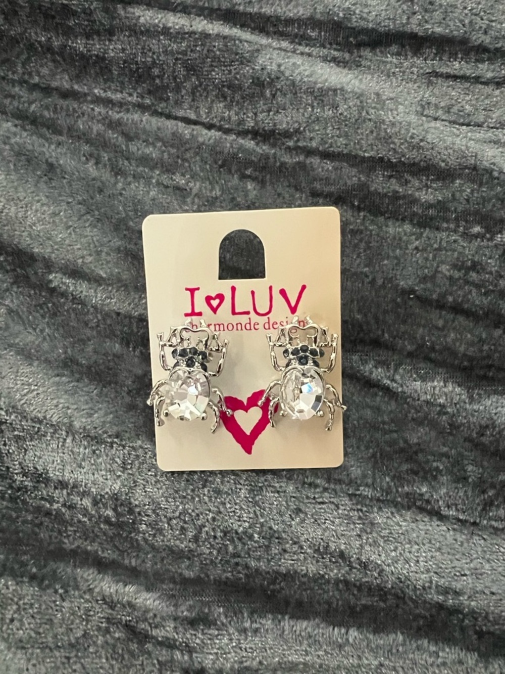 LUV Crystal Spider Stud Earrings - Silver & Clear